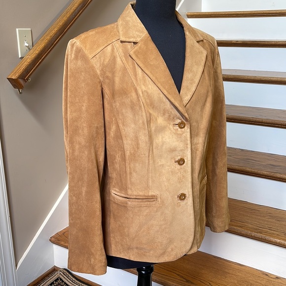 VINTAGE LARGE PRESTON & YORK GENUINE LEATHER SUEDE TAN/ GOLD DRESS JACKET - Picture 5 of 15